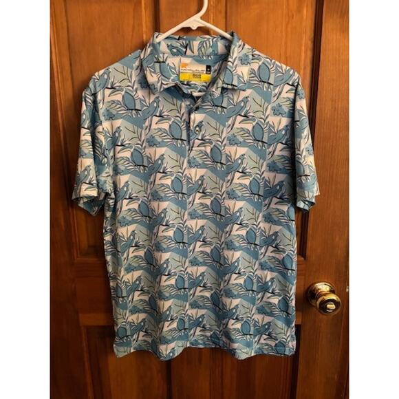 Jack Nicklaus Men's Printed Polo Shirt Shell Blue Beach Palm bird Water print S - Picture 1 of 3